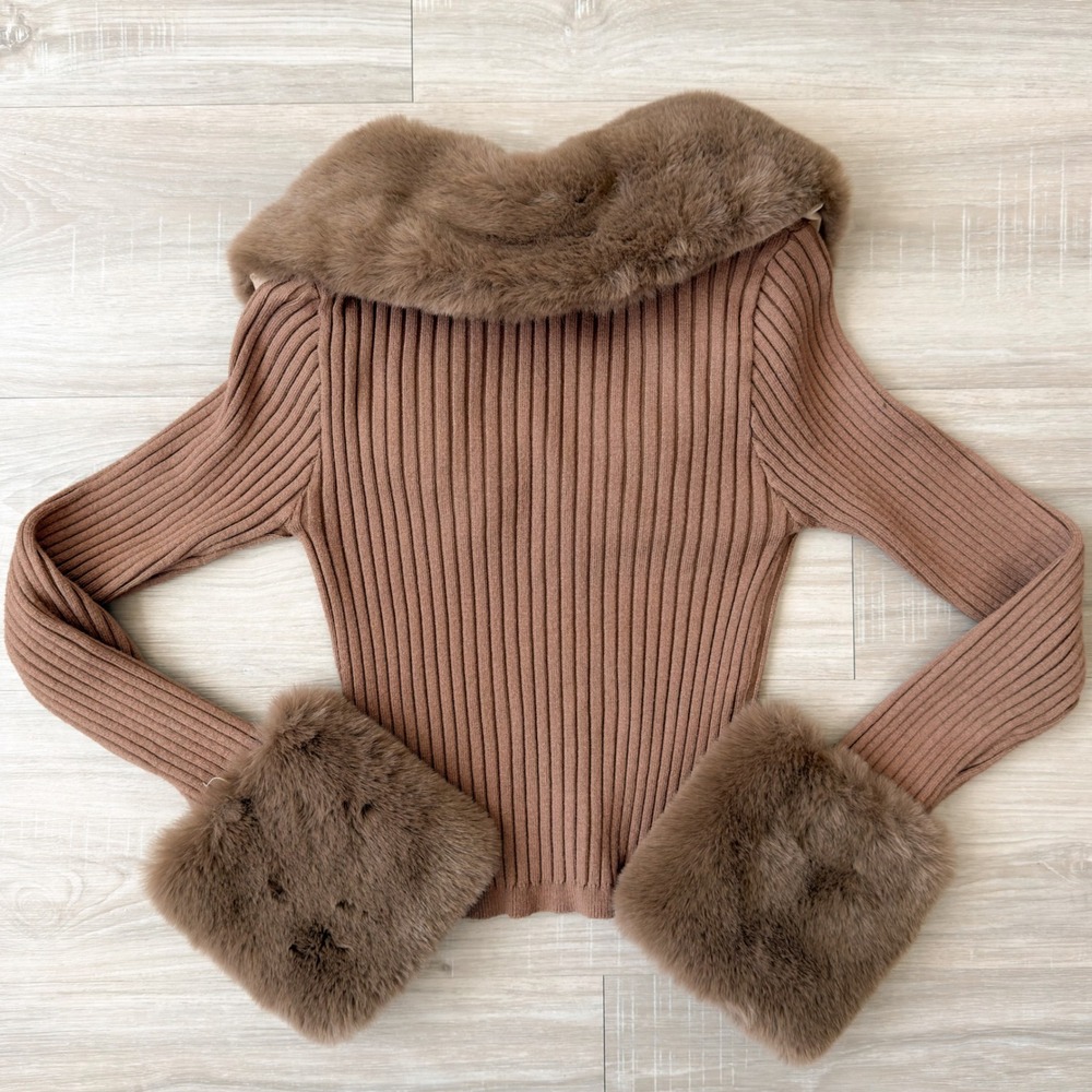 Brown Faux Fur Trim Cardigan Cropped Button Up Fur Collar Cuffs Knit Women's S - Picture 8 of 8